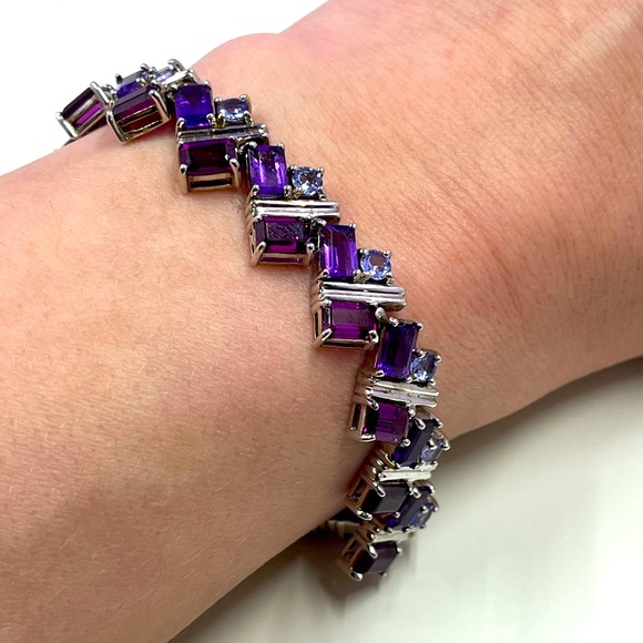 Sadye L Vassil Jewelry - Vintage Sterling Silver, Genuine Amethyst & Aquamarine Stone Tennis Bracelet
